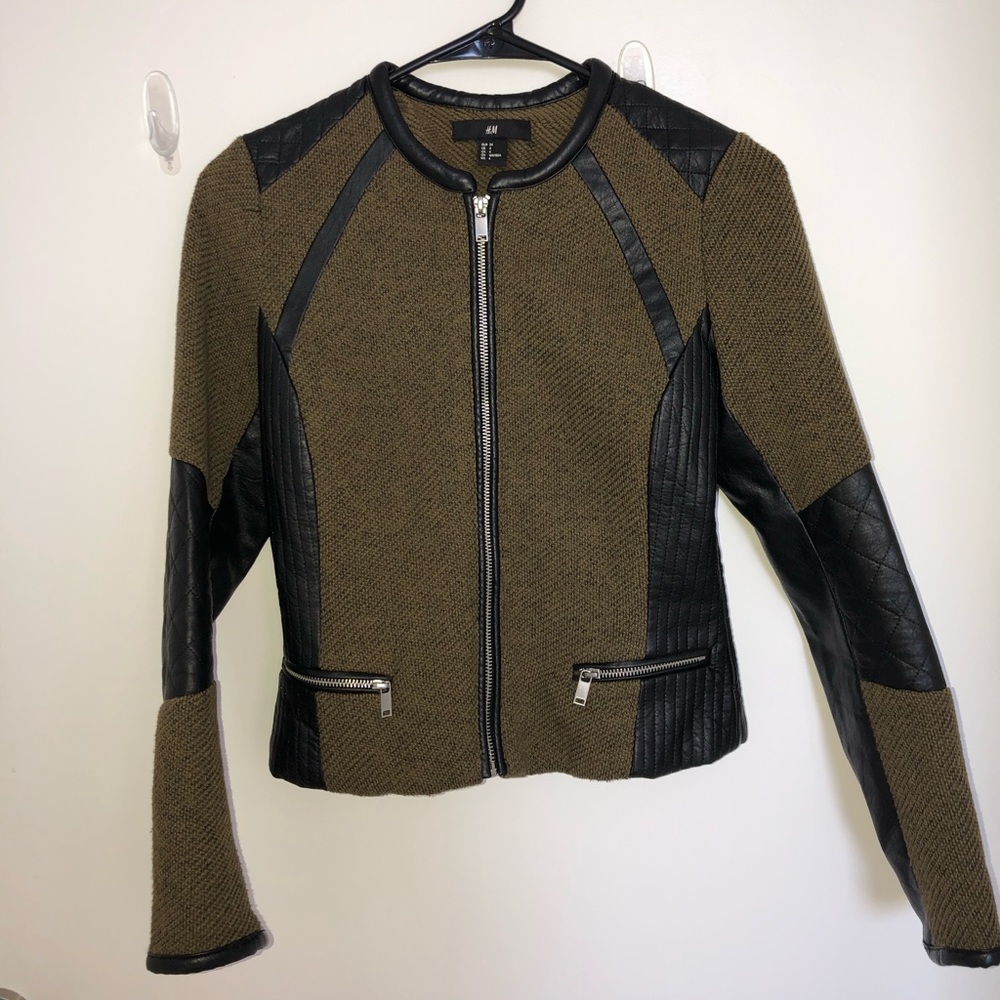 H&M Army Green Jacket with Faux Leather Trim